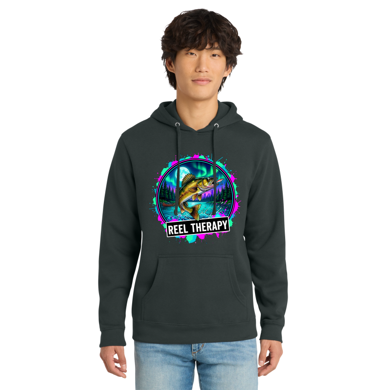 Person wearing a charcoal hoodie with 'Reel Therapy' graphic design on a white background