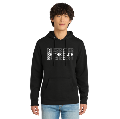 Person wearing a black hoodie with text design on a white background