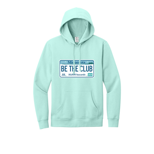 Mint green hoodie with a license plate design on a white background