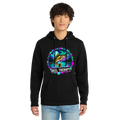 Person wearing a black hoodie with 'Reel Therapy' graphic design on a white background