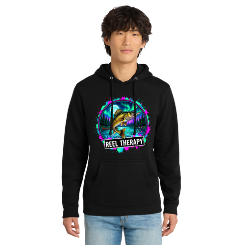 Person wearing a black hoodie with 'Reel Therapy' graphic design on a white background