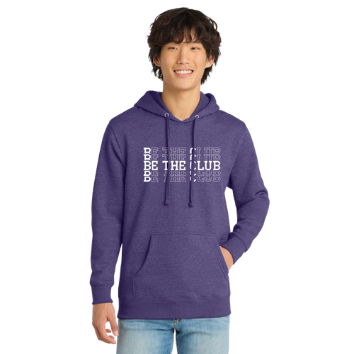 Person wearing a purple hoodie with text on a white background