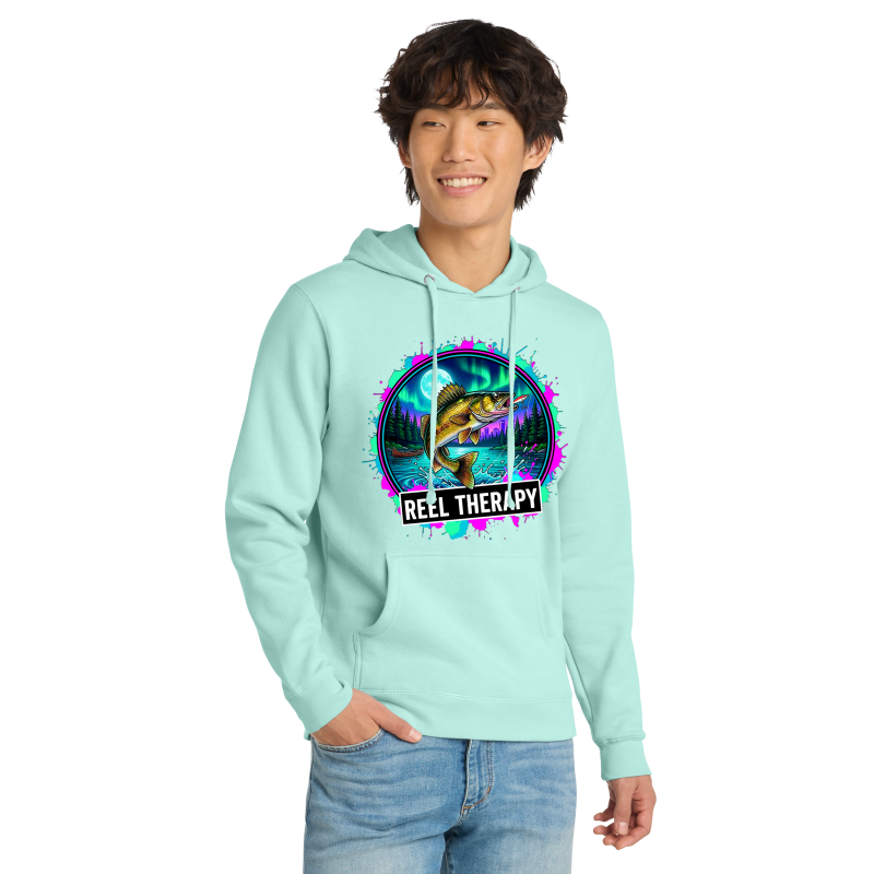 Person wearing a light blue hoodie with 'Reel Therapy' graphic design on a white background