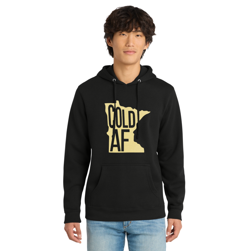 Person wearing a black hoodie with 'GOLD AF' design on a white background