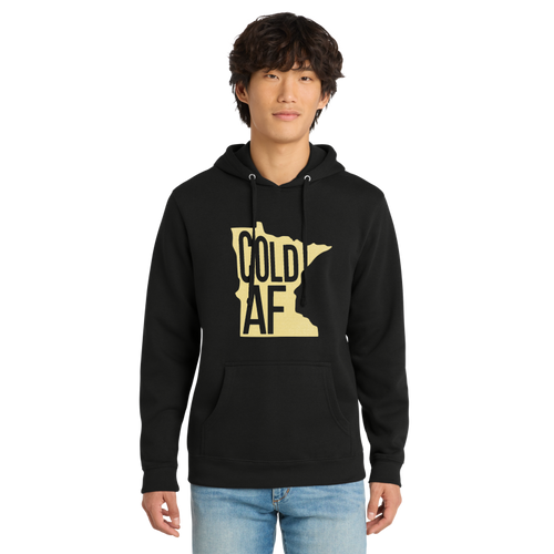 Person wearing a black hoodie with 'GOLD AF' design on a white background