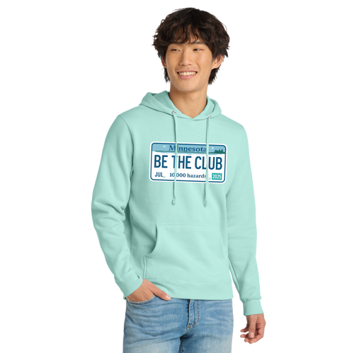 Person wearing a light blue hoodie with a license plate design on a white background
