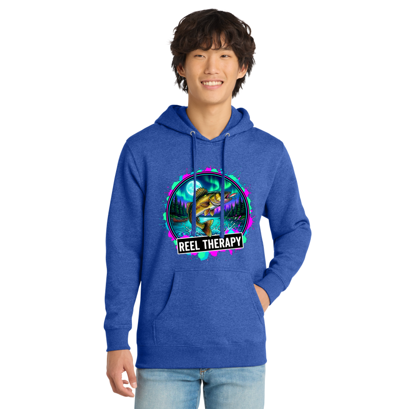 Person wearing a blue hoodie with a colorful graphic and 'Reel Therapy' text on a white background