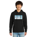 Person wearing a black hoodie with a license plate design on a white background