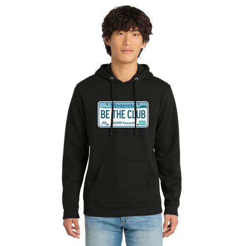 Person wearing a black hoodie with a license plate design on a white background
