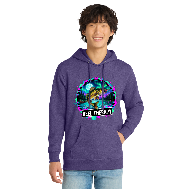 Person wearing a purple hoodie with a colorful graphic and 'Reel Therapy' text on a white background