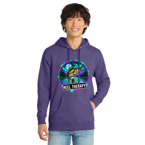 Person wearing a purple hoodie with a colorful graphic and 'Reel Therapy' text on a white background