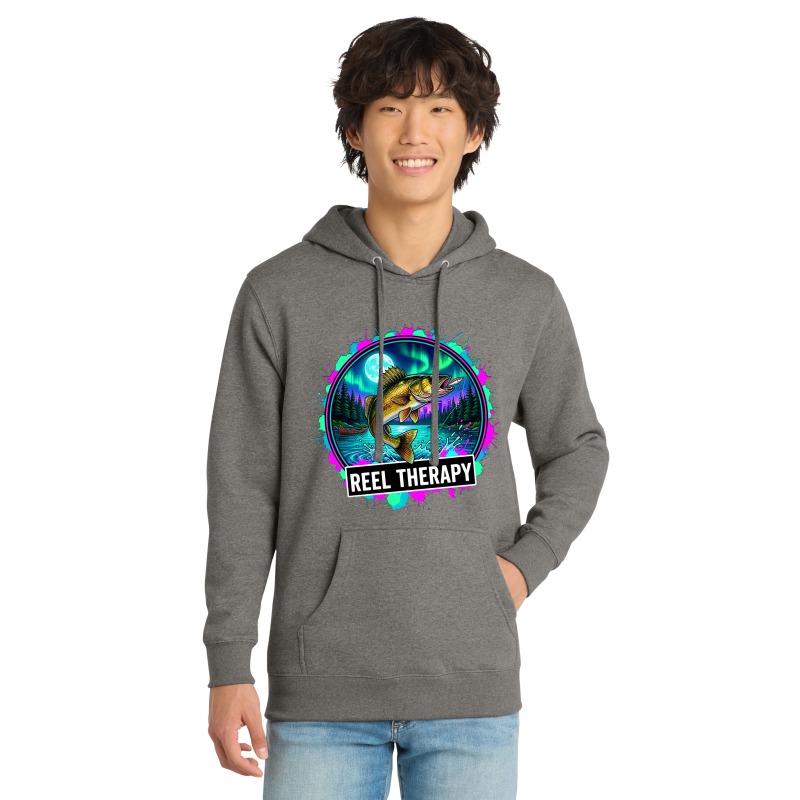 Person wearing a gray hoodie with 'Reel Therapy' graphic design on a white background