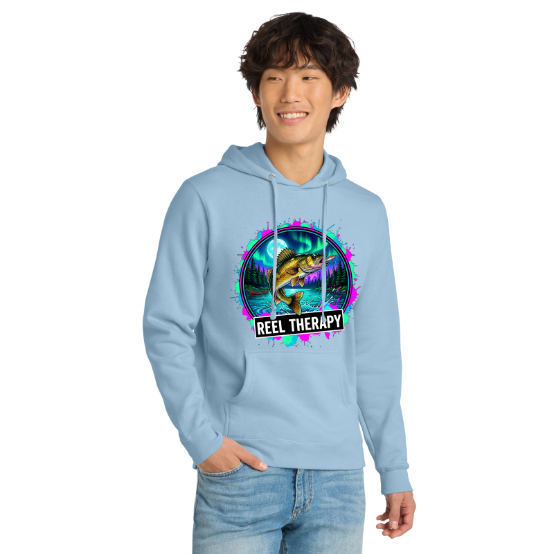Person wearing a light blue hoodie with 'Reel Therapy' graphic design on a white background