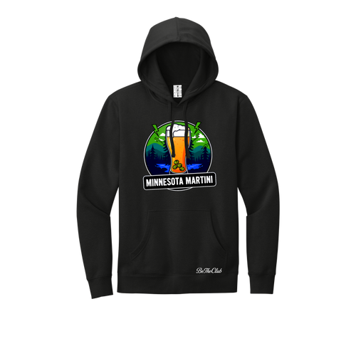 Black hoodie with 'Minnesota Martini' graphic on a white background