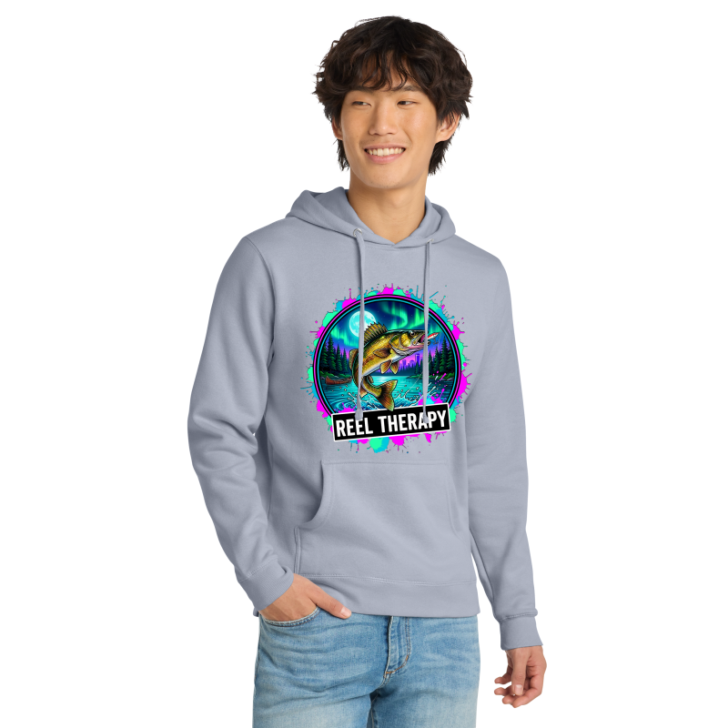 Person wearing a gray hoodie with 'Reel Therapy' graphic design on a white background