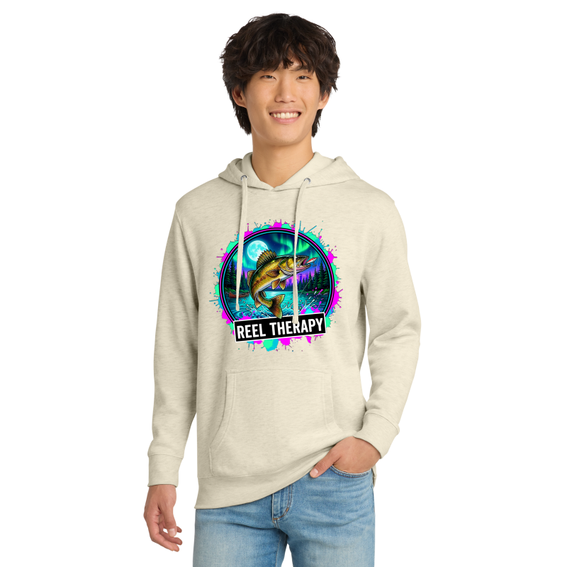Person wearing a hoodie with 'Reel Therapy' graphic design on a white background