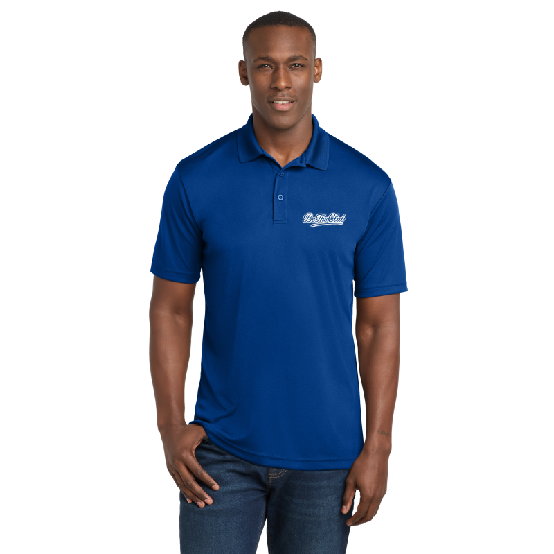 Man wearing a blue polo shirt with a logo on a white background