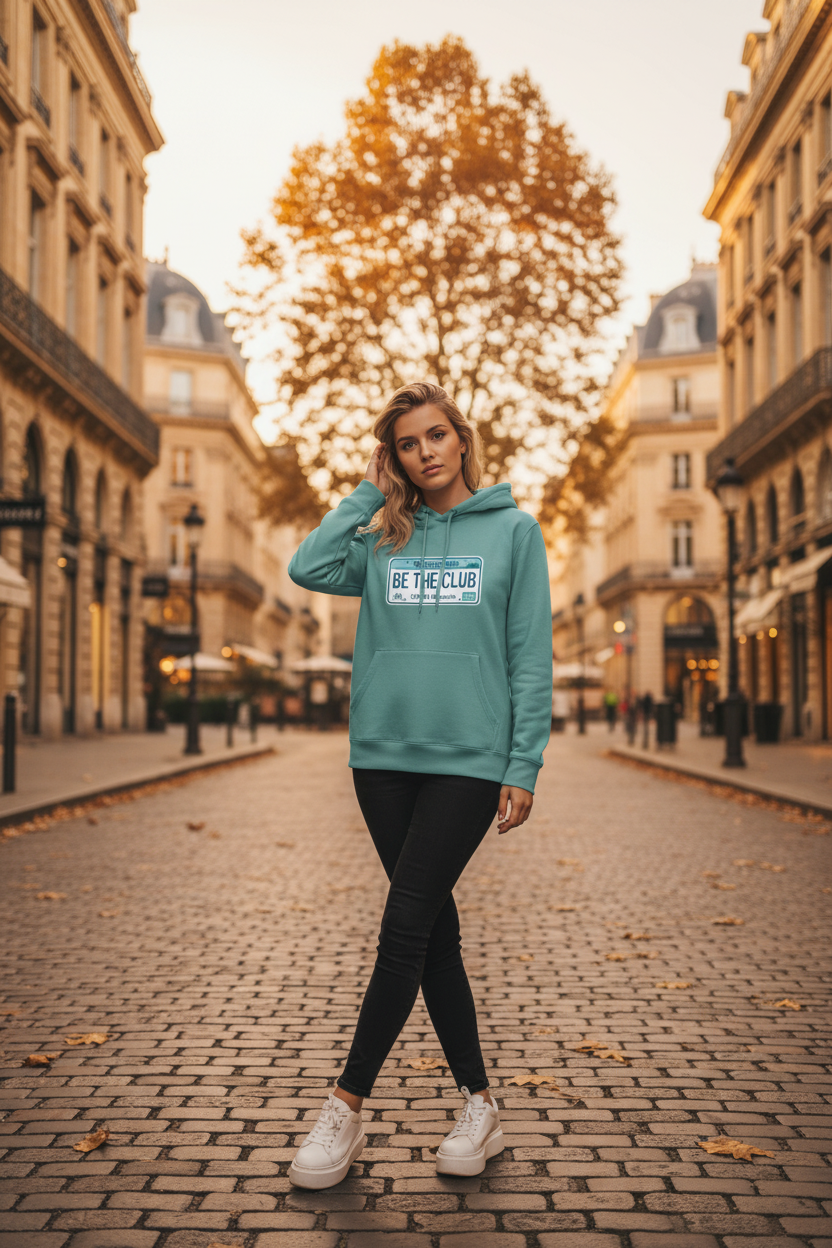 Woman wearing a teal hoodie with text on a city street