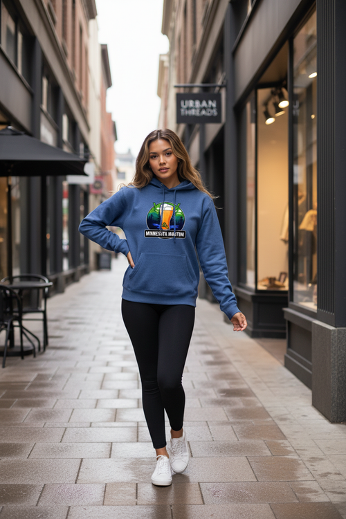 Woman wearing a blue hoodie with a logo on a city street