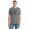 Man wearing a gray t-shirt with text on a white background