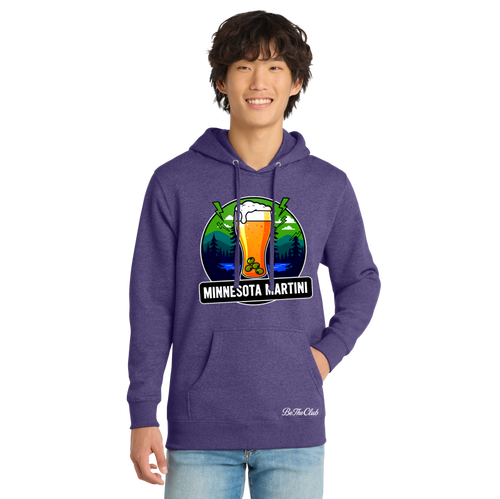 Person wearing a purple hoodie with a 'Minnesota Martini' design on a white background