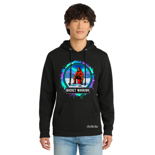 Person wearing a black hoodie with a colorful graphic design on a white background