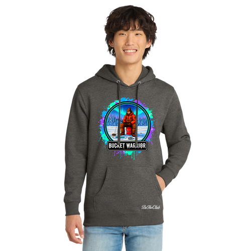 Person wearing a dark gray hoodie with a colorful graphic design on a white background