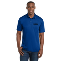 Man wearing a blue polo shirt with a logo on a white background