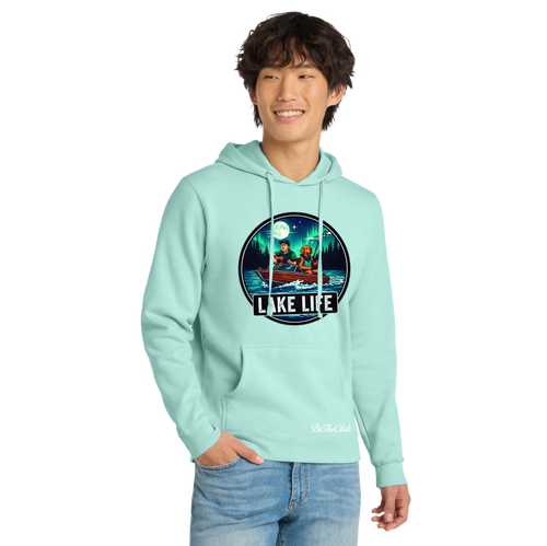 Person wearing a light blue hoodie with 'Lake Life' graphic design on a white background