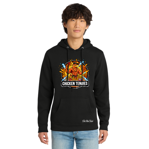 Person wearing a black hoodie with 'Chicken Tendies' graphic design on a white background