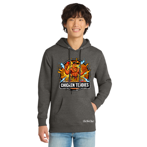 Person wearing a gray hoodie with 'Chicken Teadies' design on a white background