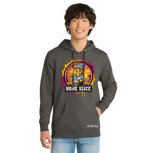 Person wearing a dark gray hoodie with 'Home Slice' graphic design on a white background