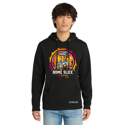 Person wearing a black hoodie with 'Home Slice' graphic design on a white background