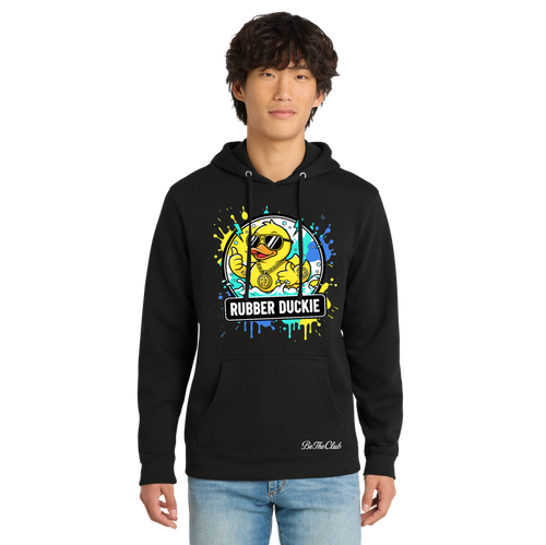 Person wearing a black hoodie with a colorful 'Rubber Duckie' design on a white background