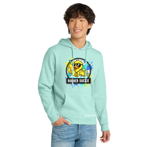 Person wearing a light blue hoodie with a 'Rubber Duckie' graphic design on a white background