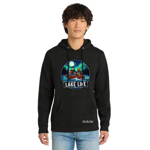 Person wearing a black hoodie with 'Lake Life' graphic design on a white background