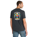 Man wearing a black t-shirt with 'Bottomless Mimosa' design on the back, standing against a white background.