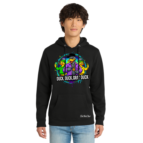 Person wearing a black hoodie with colorful graphic design and text on a white background