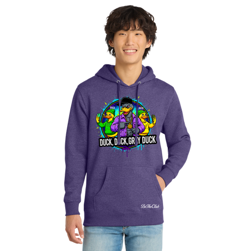Person wearing a purple hoodie with a colorful graphic design on a white background