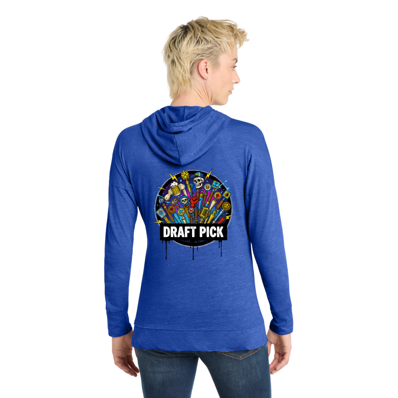 Person wearing a blue hoodie with a colorful graphic and 'Draft Pick' text on the back.