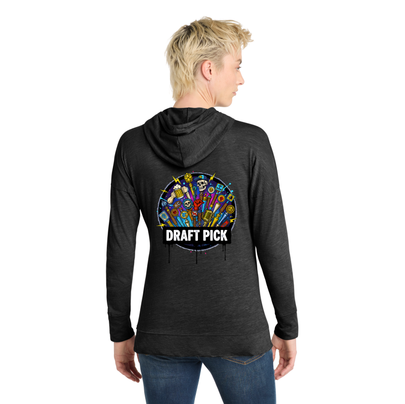 Person wearing a black hoodie with 'Draft Pick' graphic on the back