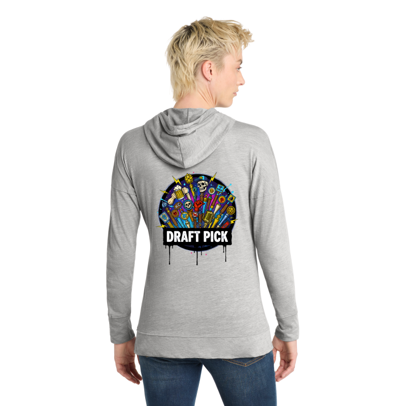 Person wearing a gray hoodie with a colorful graphic and 'Draft Pick' text on the back.