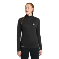 Woman wearing a black long-sleeve athletic shirt with a logo on a white background