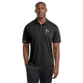 Man wearing a black polo shirt with a logo on a white background